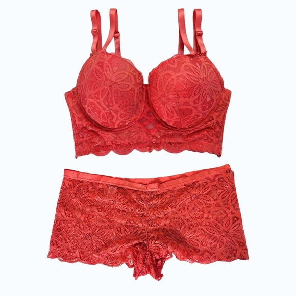 Other - Coral Red Floral Lace Lingerie Set Longline Bra Boyshorts xLARGE stretchy  40D